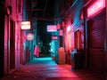 Glowing neon sign in dim alley with holographic effect