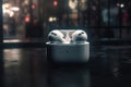 Ai Generative Wireless headphones on a table in the night city. 3d rendering