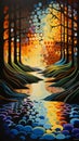Geometric Surrealism: A Vibrant Colorscape Of A Stream Through The Woods