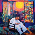 Vibrant Fauvism Painting: Man Sitting By Window