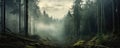 mesmerizing panoramic view of a dense, misty forest, with towering trees enveloped in fog, creating an ethereal panorama