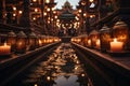 A mesmerizing photo of a Buddhist temple illuminated by soft candlelight or lanterns, creating a serene and peaceful ambiance.