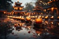 A mesmerizing photo of a Buddhist temple illuminated by soft candlelight or lanterns, creating a serene and peaceful ambiance.