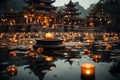 A mesmerizing photo of a Buddhist temple illuminated by soft candlelight or lanterns, creating a serene and peaceful ambiance.