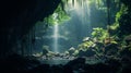 Enigmatic Tropics: A Serene Cave With Ethereal Waterfall And Forest