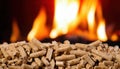 wood pellets in front of flames