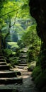 Enchanting Moss-filled Stairway Leading To A Japanese-inspired Forest