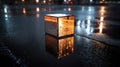 Reflective Resonance: A Captivating Nighttime Encounter with a Metallic Cube on Rain-Soaked Asphalt