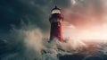 Eternal Beacon: A Red and White Lighthouse Battling the Night\'s Fierce Storm