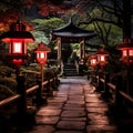 Enchanting Twilight: Red Lanterns Illuminate Serene Japanese Garden