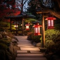 Enchanting Twilight: Red Lanterns Illuminate Serene Japanese Garden Royalty Free Stock Photo