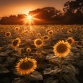 unrise in the Sunflower Field Royalty Free Stock Photo