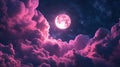 A mesmerizing pink moon shines brightly in a starry sky, surrounded by soft clouds, creating a magical night atmosphere Royalty Free Stock Photo