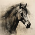 Detailed Portrait Of A Horse In Charcoal Drawing With Large-scale Brushstrokes