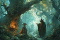 Mystical forest shamans, communing with nature spirits and harnessing their ancient magic - Generative AI