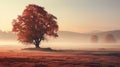 Mesmerizing Red Tree In Mist: Soft Dreamy Landscape In 8k Resolution