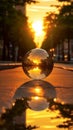 A mesmerizing reflection of the sun captured in a glass ball