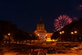 Mesmerizing scene of the Alberta Legislature Building Edmonton Canada at night with fireworks Royalty Free Stock Photo