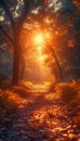 Sunset in the forest, a sunlit path through an autumn forest is dappled with golden light filtering through the trees