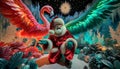 Santa with vibrant wings, amidst surreal festive landscape, surrounded by luminescent flora.Generative AI