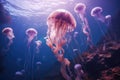 A mesmerizing scene of a group of jellyfish gracefully moving through the ocean waters, View of jellyfish in ocean, AI Generated Royalty Free Stock Photo