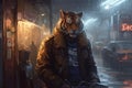 Ai Generative Tiger in a man\'s jacket on the background of the night city