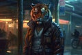 Ai Generative Tiger in a man\'s jacket on the background of the night city