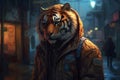 Ai Generative Tiger in a man\'s jacket on the background of the night city