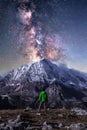 Mesmerizing scene of a man watching Glacier and Milky Way with majestic vista starry sky