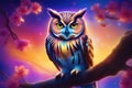 Mesmerizing scene an owl with bid eyes in a soft multicolored glow of light