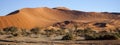 Mesmerizing scene of a salt and clay pan surrounded by high red dunes in Sossusvlei, Namibi