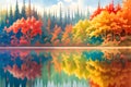 the reflection of the colorful trees in the crystal clear water mirror like surface generative ai