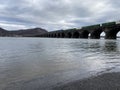 Mesmerizing shot of freight train passing the arch bridge over the river under a cloudy sky Royalty Free Stock Photo