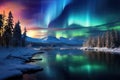 The mesmerizing sight of the Aurora Borealis is beautifully reflected in the calm waters below, The Northern Lights shimmering