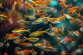 A mesmerizing sight of a diverse assortment of fish gracefully swimming together in an aquarium, A multi-colored school of tetras