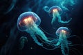 A mesmerizing sight of a group of jellyfish floating and pulsating in the open sea, Luminous jellyfish tentacles against a deep Royalty Free Stock Photo