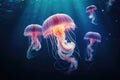 A mesmerizing sight of a group of jellyfish gracefully swimming in the sparkling blue ocean, Luminous jellyfish tentacles against Royalty Free Stock Photo