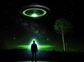 Unexpected Encounter: Man Stands Before Majestic Green UFO