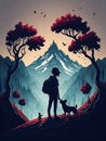 silhouette of a child with a dog in nature,Generative Ai illustation