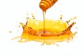Mesmerizing single splash of honey suspended in mid air, isolated on a pristine white background