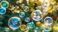 Mesmerizing soap bubbles reflecting vibrant rainbow colors in a captivating background