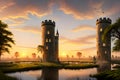 Reflections of a Majestic Sunset on Cloudy Skies, Twin Fortresses of Stone Blocks Rising in a Moss-Blanketed Swamp. AI generated