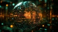 A mesmerizing spherical structure emerges, composed of a shifting data matrix. Bright, glowing patterns create an