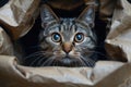 A mesmerizing stare from a tabby cat concealed in the shadows of a paper bag. Royalty Free Stock Photo