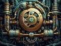 Steampunk mechanism with gears and cogwheels on a dark background. Generative AI