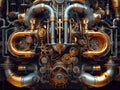 Steampunk mechanism with gears and cogwheels on a dark background. Generative AI