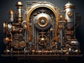 Steampunk mechanism with gears and cogwheels on a dark background. Generative AI