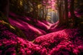 A mesmerizing summer mountain slope adorned with an endless carpet of vibrant pink rhododendron flowers,