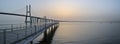 Mesmerizing sunrise view over the Vasco of Gama Bridge on the Tagus River in Lisbon, Portugal Royalty Free Stock Photo