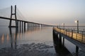 Mesmerizing sunrise view over the Vasco of Gama Bridge on the Tagus River in Lisbon, Portugal Royalty Free Stock Photo